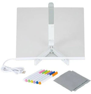 TABLERO DE MENSAJES ACRÍLICO LUMINOSO BORRABLE CON SOPORTE Y 7 BOLÍGRAFOS COLORIDOS