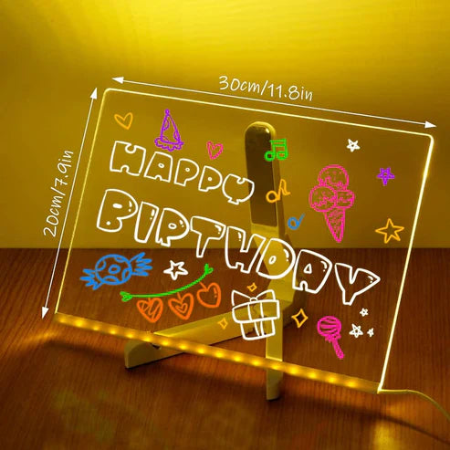 TABLERO DE MENSAJES ACRÍLICO LUMINOSO BORRABLE CON SOPORTE Y 7 BOLÍGRAFOS COLORIDOS